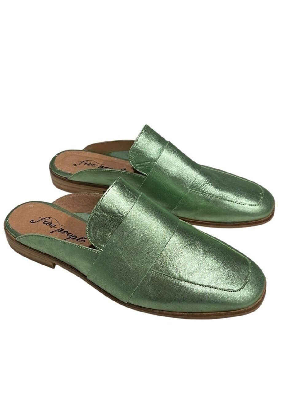 Free People At Ease Leather Mule Slip On Loafer SZ 7.5 38 Metallic Green
